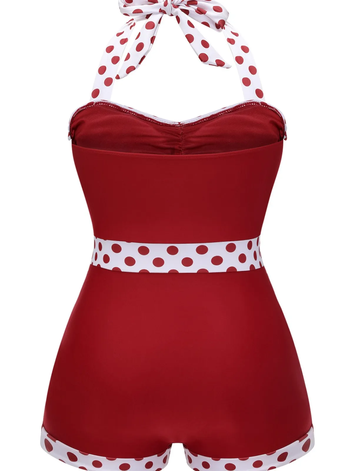 Online Retro Stage [Plus Size] Red 1940s Dots Patchwork Halter Swimsuit Wine Red