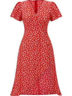 Discount Retro Stage [Plus Size] 1940s Floral V-Neck Added Button Dress Red