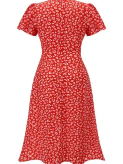 Discount Retro Stage [Plus Size] 1940s Floral V-Neck Added Button Dress Red