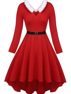 Best Retro Stage [Plus Size] 1950s Furry Solid Swing Dress Red