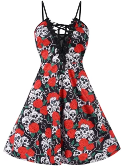 Sale Retro Stage [Plus Size] 1940s Halloween Skull Rose Dress Red