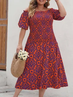 Outlet Retro Stage [Plus Size] 1940s Off-Shoulder Printed Dress Red