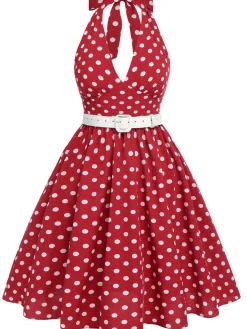 Online Retro Stage [Plus Size] 1950s Polka Dot Halter Dress Red