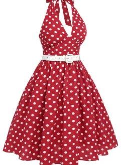 Online Retro Stage [Plus Size] 1950s Polka Dot Halter Dress Red