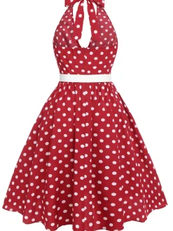Online Retro Stage [Plus Size] 1950s Polka Dot Halter Dress Red