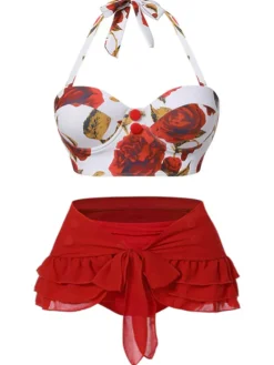 Fashion Retro Stage [Plus Size] 1960s Roses Halter Bikini & Skirt Cover-Up Red