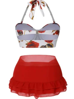 Fashion Retro Stage [Plus Size] 1960s Roses Halter Bikini & Skirt Cover-Up Red