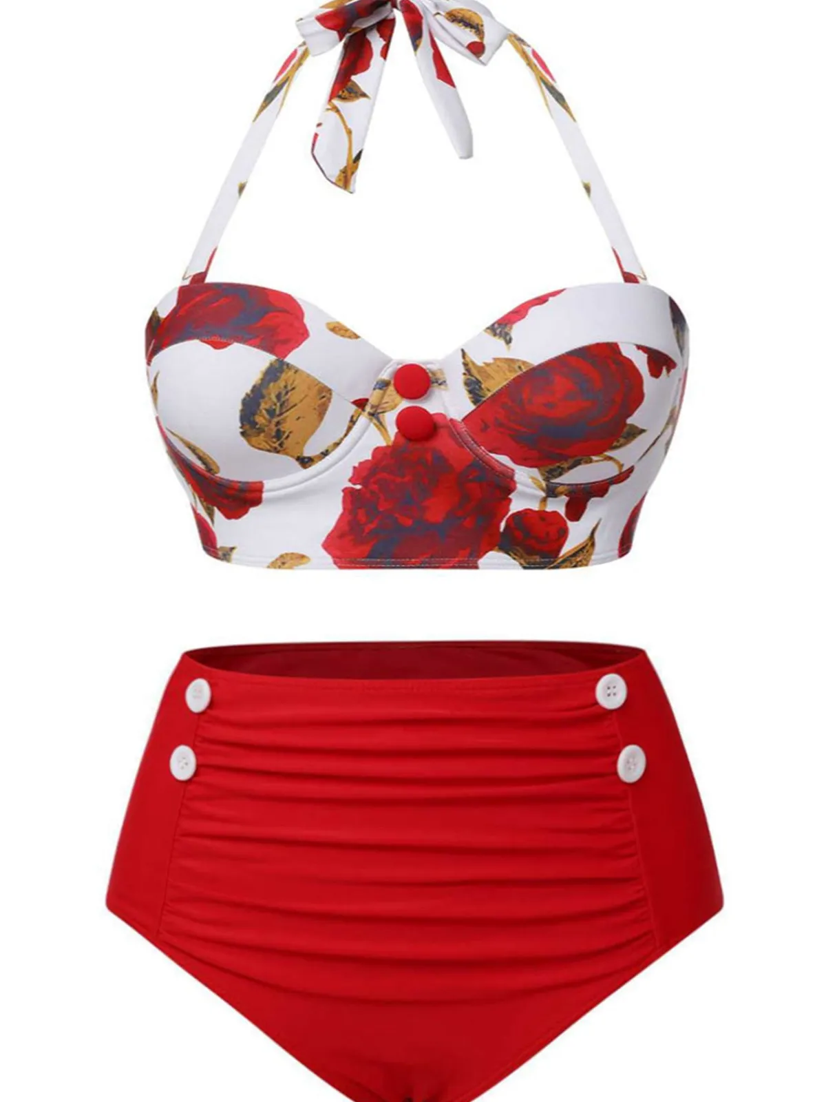 Fashion Retro Stage [Plus Size] 1960s Roses Halter Bikini & Skirt Cover-Up Red