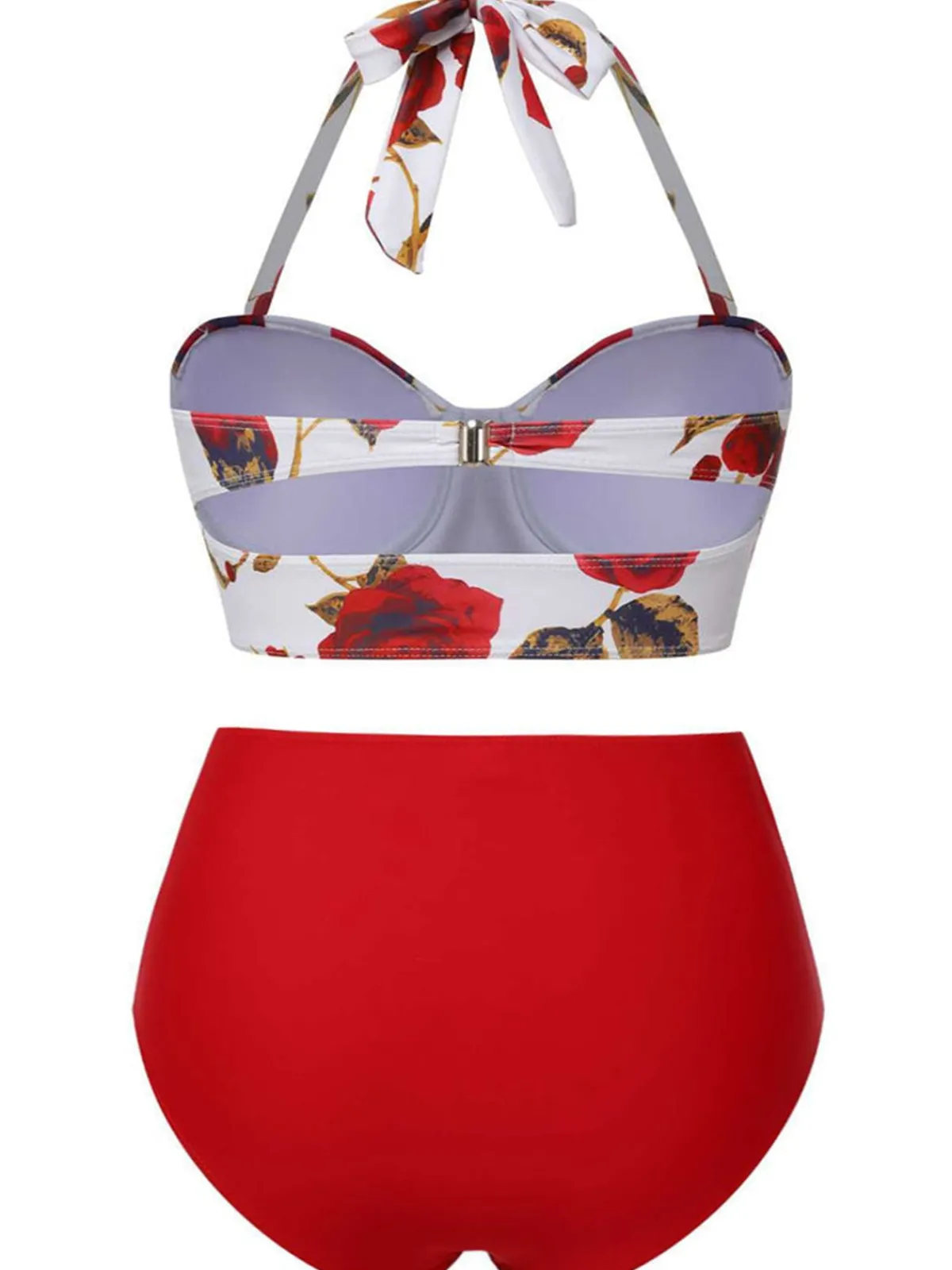 Fashion Retro Stage [Plus Size] 1960s Roses Halter Bikini & Skirt Cover-Up Red