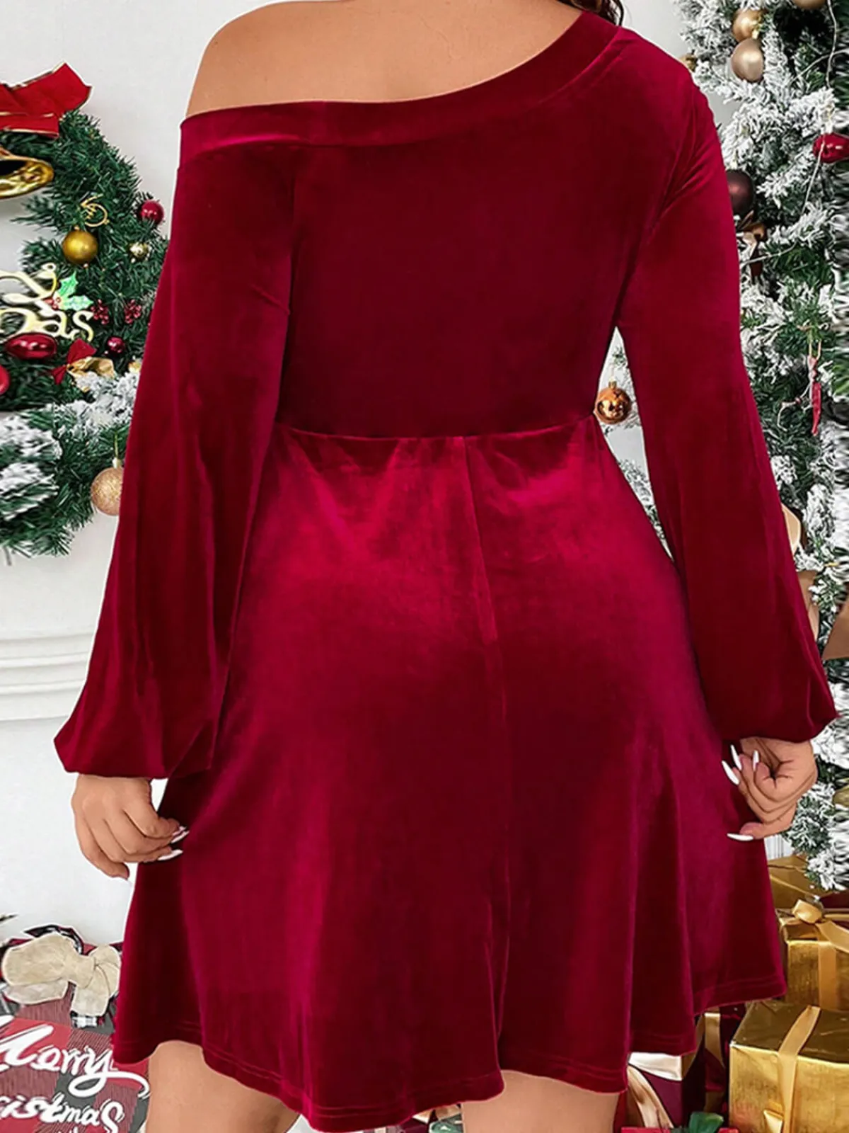 Fashion Retro Stage [Plus Size] 1950s Solid One-Shoulder Velvet Dress Red