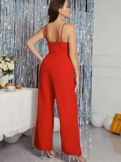 Sale Retro Stage [Plus Size] 1930s Spaghetti Strap Solid Jumpsuit Red