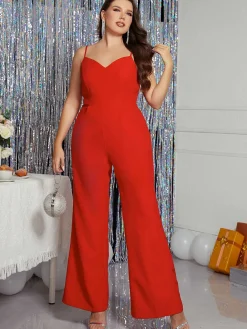 Sale Retro Stage [Plus Size] 1930s Spaghetti Strap Solid Jumpsuit Red