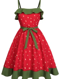 Sale Retro Stage [Plus Size] 1950s Strawberry Ruffle Belt Dress Red