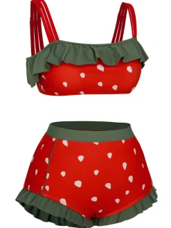 Hot Retro Stage [Plus Size] 1950s Strawberry Ruffle Strap Swimsuit Red