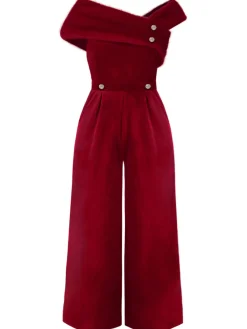 New Retro Stage [Plus Size] 1950s Velvet Off Shoulder Button Jumpsuit Red