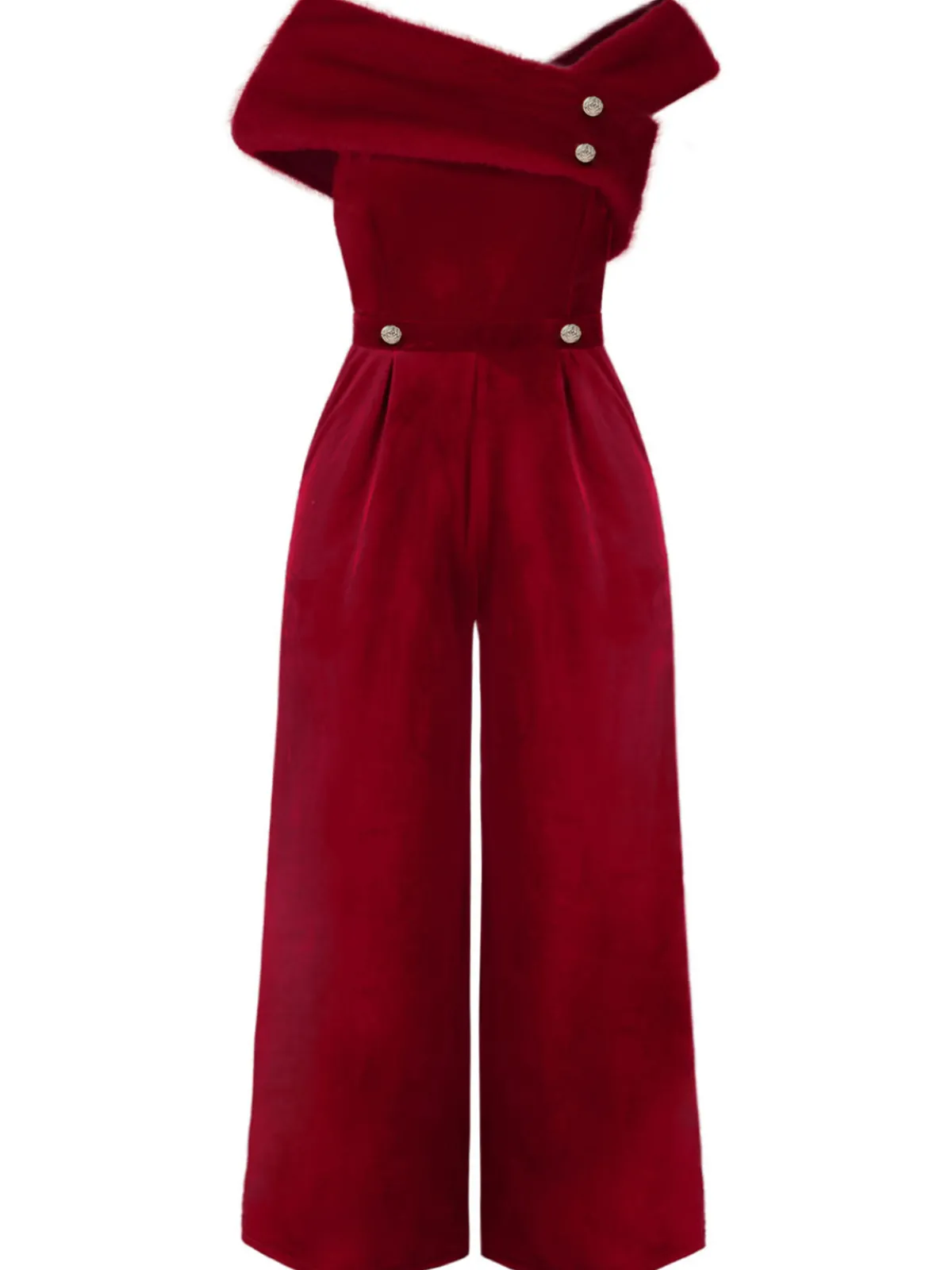 New Retro Stage [Plus Size] 1950s Velvet Off Shoulder Button Jumpsuit Red