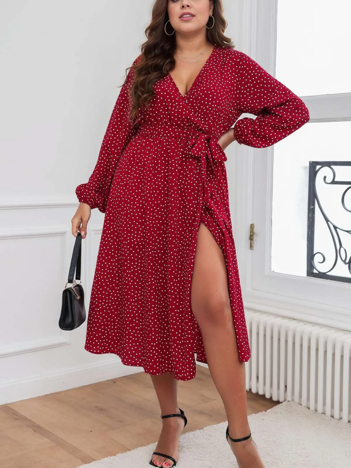 New Retro Stage [Plus Size] 1940s V-Neck Polka Dot Lace-Up Dress Red