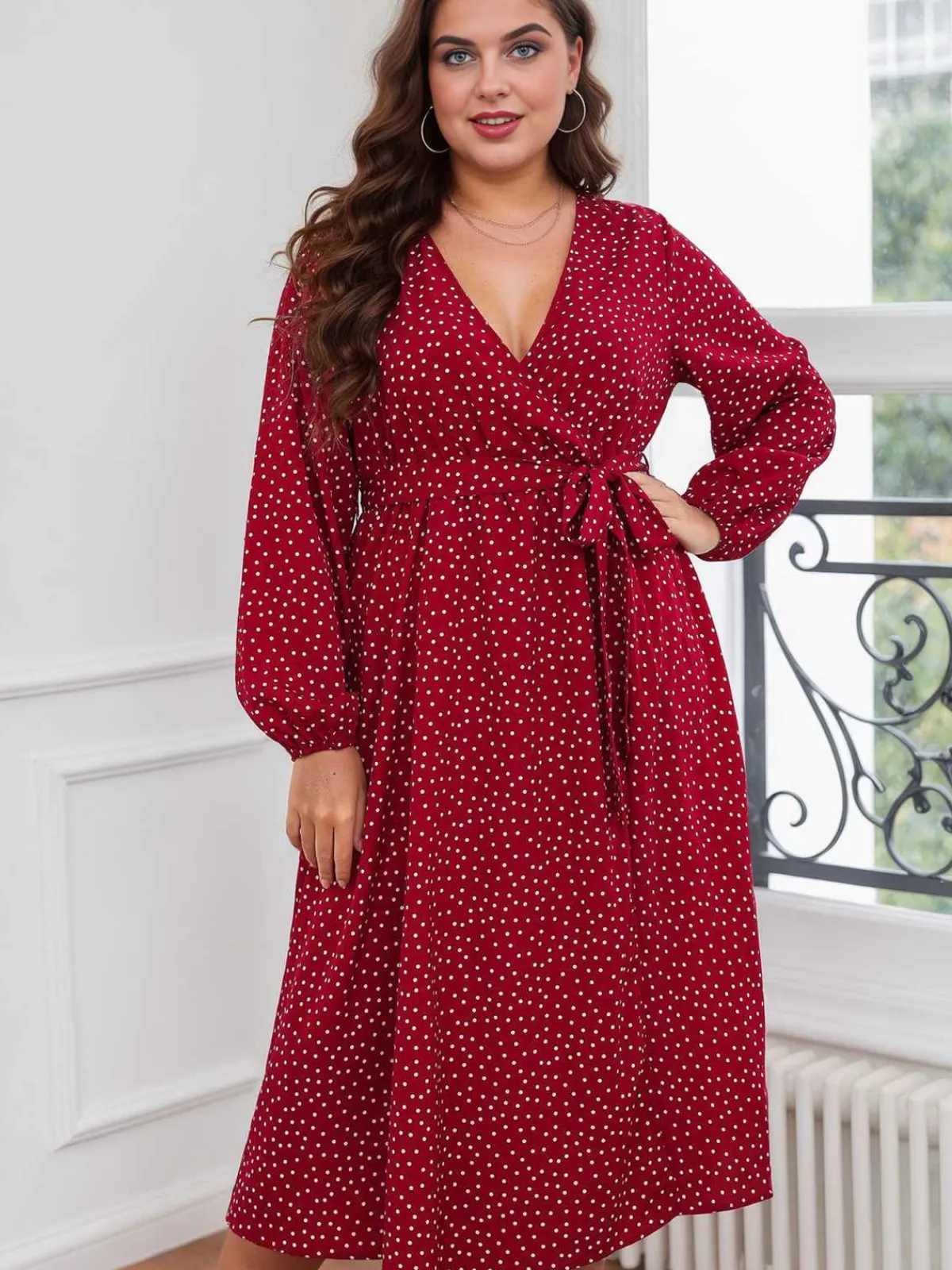 New Retro Stage [Plus Size] 1940s V-Neck Polka Dot Lace-Up Dress Red