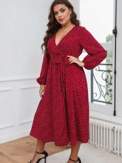 New Retro Stage [Plus Size] 1940s V-Neck Polka Dot Lace-Up Dress Red