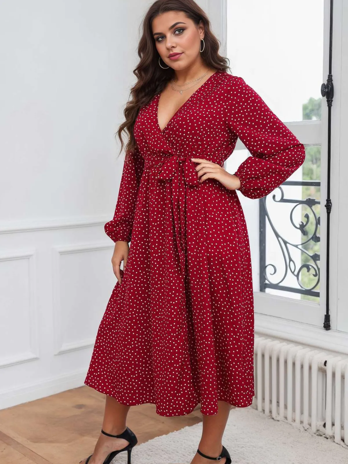 New Retro Stage [Plus Size] 1940s V-Neck Polka Dot Lace-Up Dress Red