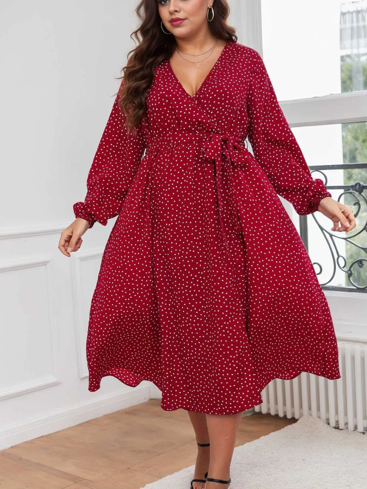 New Retro Stage [Plus Size] 1940s V-Neck Polka Dot Lace-Up Dress Red