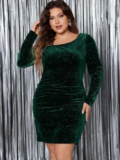 Sale Retro Stage [Plus Size] 1960s Christmas Glitter Velvet Bodycon Dress