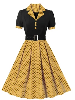 Discount Retro Stage [Plus Size] 1950s Color Block Polka Dots Lapel Dress