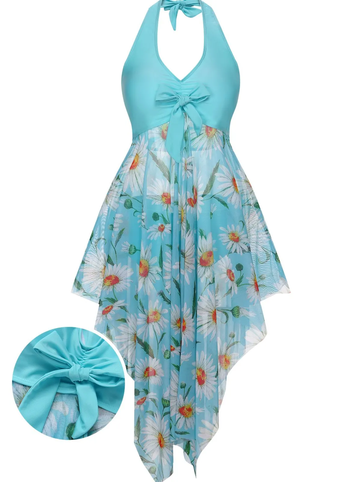 Discount Retro Stage [Plus Size] 1930S Daisy Bow Halter Skirt Swimsuit Blue Green