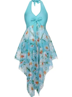 Discount Retro Stage [Plus Size] 1930S Daisy Bow Halter Skirt Swimsuit Blue Green