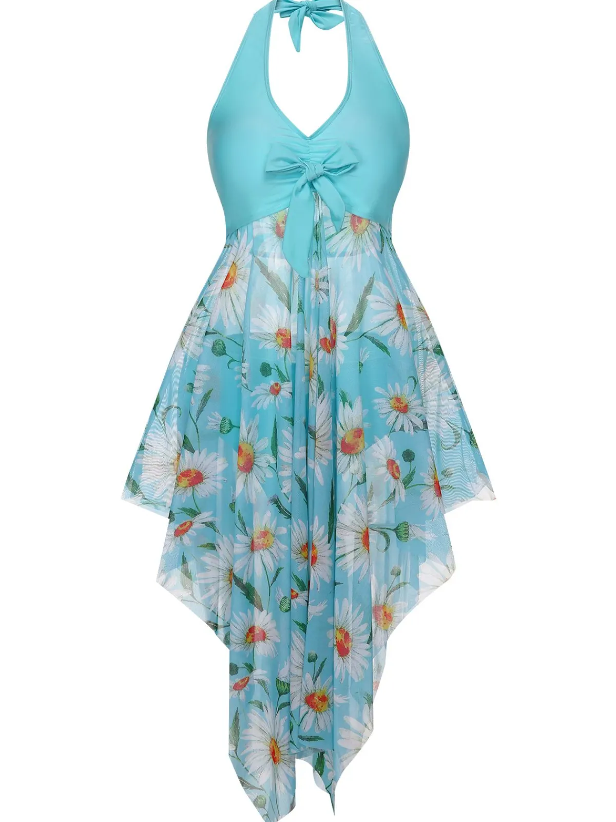 Discount Retro Stage [Plus Size] 1930S Daisy Bow Halter Skirt Swimsuit Blue Green