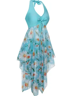 Discount Retro Stage [Plus Size] 1930S Daisy Bow Halter Skirt Swimsuit Blue Green