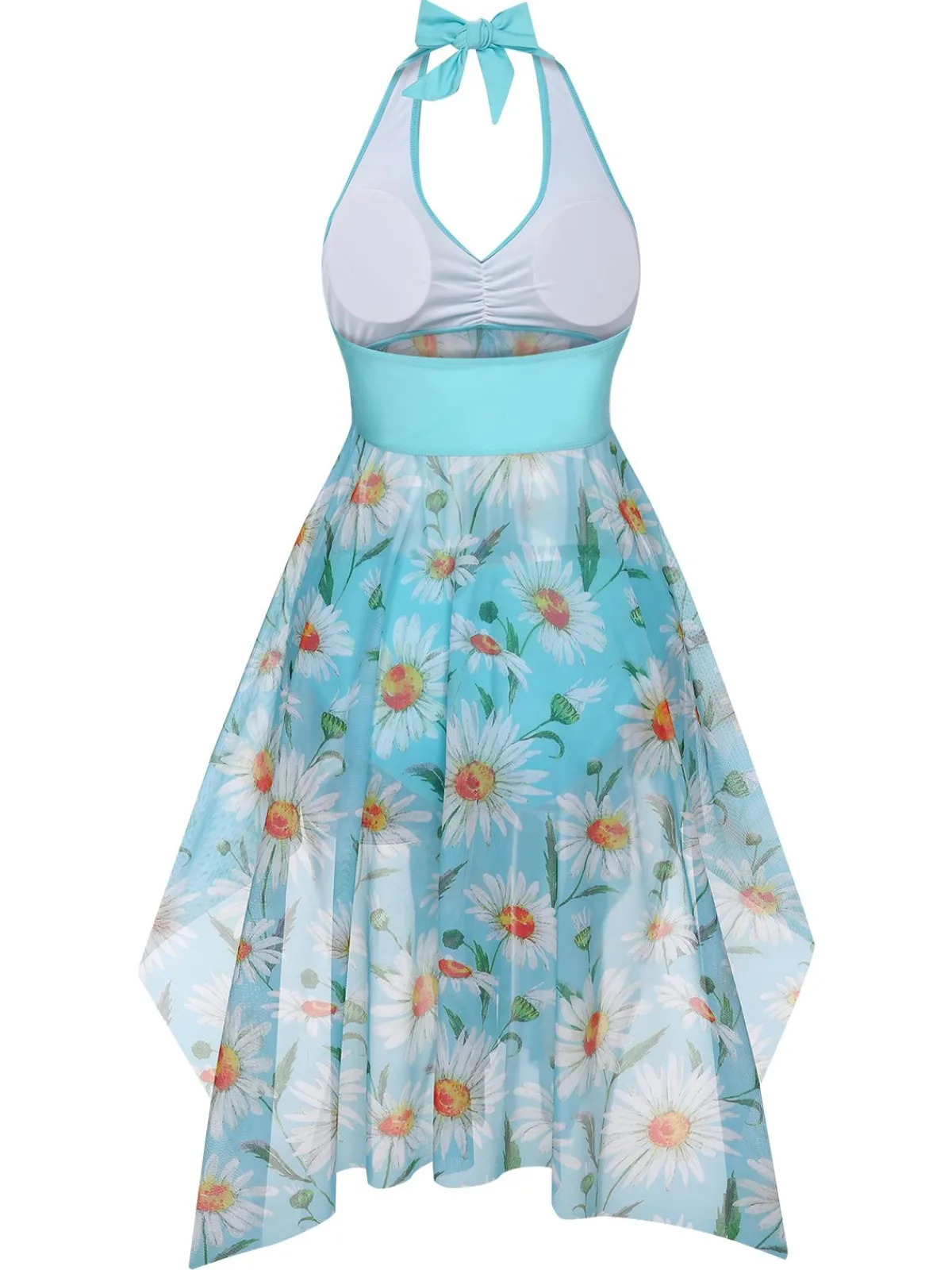 Discount Retro Stage [Plus Size] 1930S Daisy Bow Halter Skirt Swimsuit Blue Green