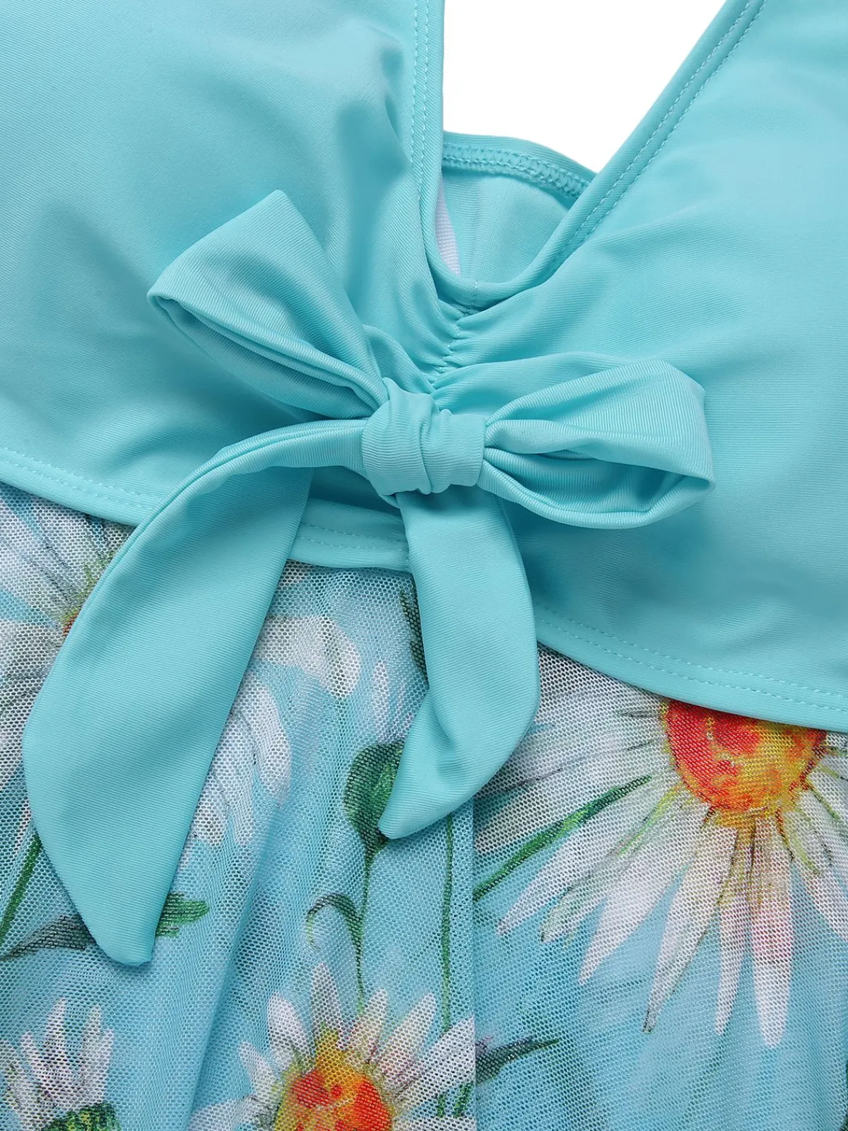 Discount Retro Stage [Plus Size] 1930S Daisy Bow Halter Skirt Swimsuit Blue Green