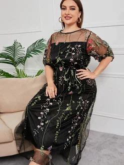 New Retro Stage [Plus Size] 1940s Floral Embroidered Mesh Dress