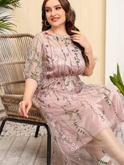 New Retro Stage [Plus Size] 1940s Floral Embroidered Mesh Dress