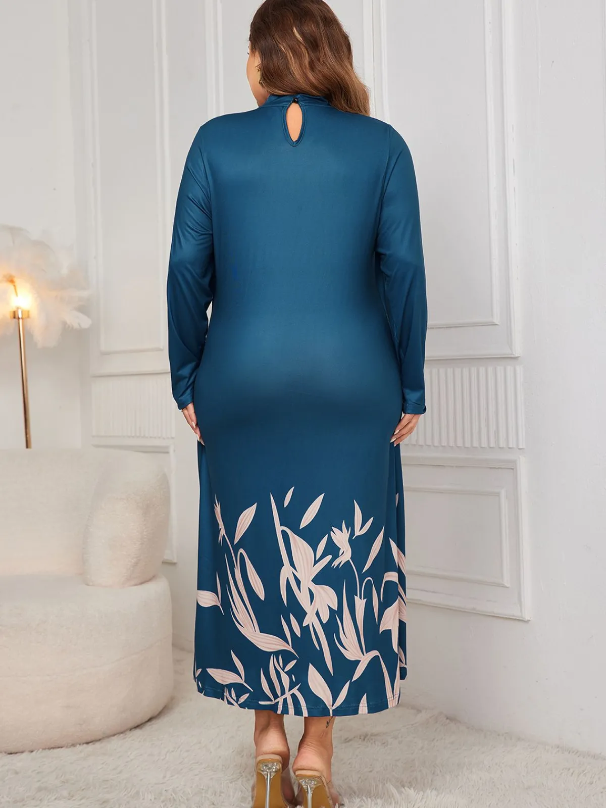 Discount Retro Stage [Plus Size] 1950s Floral Fake Two Piece Dress Blue