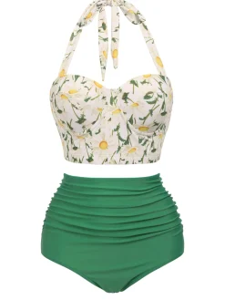 Sale Retro Stage [Plus Size] 1950s Floral Halter Lace-up Bikini Set Green