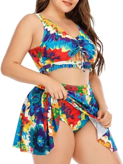 Hot Retro Stage Plus Size 1940s Floral Skirted Bikini Set Blue