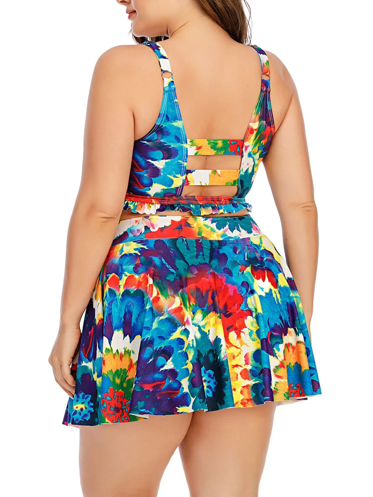 Hot Retro Stage Plus Size 1940s Floral Skirted Bikini Set Blue