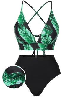 Discount Retro Stage [Plus Size] 1930s Green Leaves V-Neck Strap Bikini Set Black
