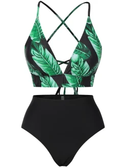 Discount Retro Stage [Plus Size] 1930s Green Leaves V-Neck Strap Bikini Set Black