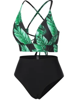 Discount Retro Stage [Plus Size] 1930s Green Leaves V-Neck Strap Bikini Set Black