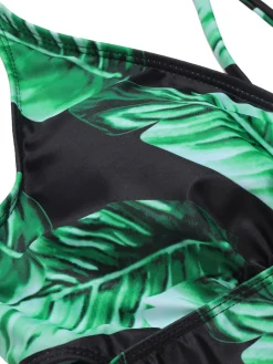 Discount Retro Stage [Plus Size] 1930s Green Leaves V-Neck Strap Bikini Set Black