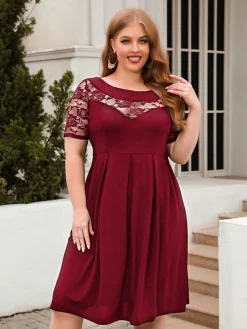 New Retro Stage [Plus Size] 1940s Hollow Lace Solid Dress