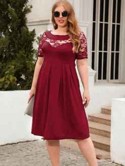 New Retro Stage [Plus Size] 1940s Hollow Lace Solid Dress
