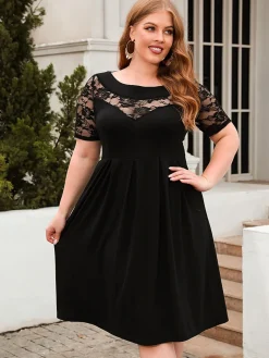 New Retro Stage [Plus Size] 1940s Hollow Lace Solid Dress