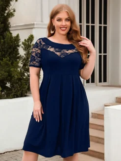 New Retro Stage [Plus Size] 1940s Hollow Lace Solid Dress