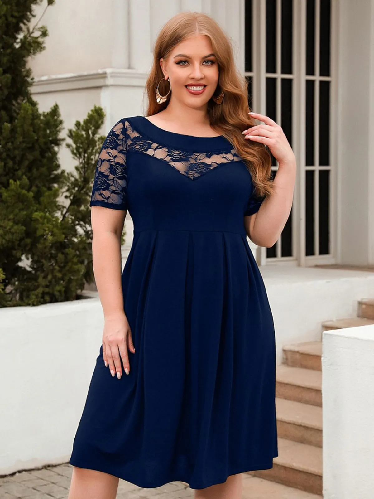 New Retro Stage [Plus Size] 1940s Hollow Lace Solid Dress