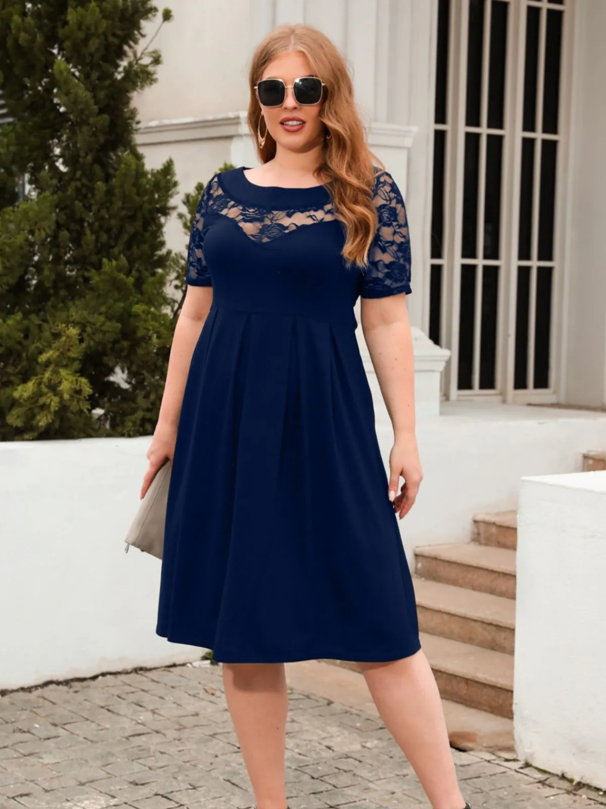 New Retro Stage [Plus Size] 1940s Hollow Lace Solid Dress