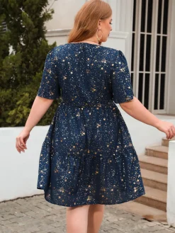 Outlet Retro Stage [Plus Size] 1950s Hot Stamping Stars Square Neck Dress